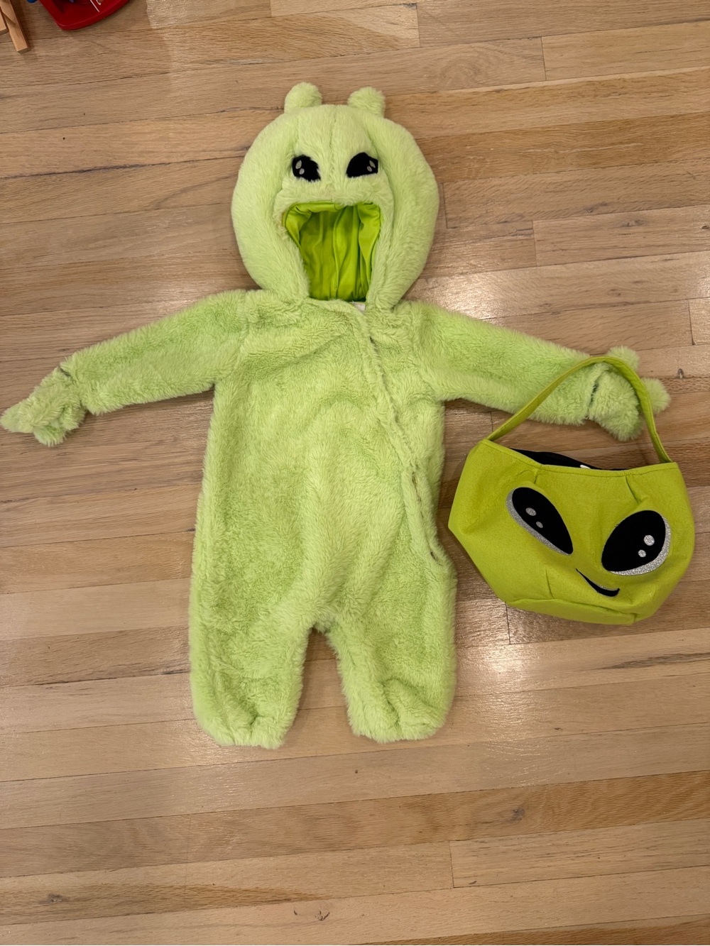 Pottery Barn Kids - Green Fuzzy Alien Kids Costume with Matching Bag